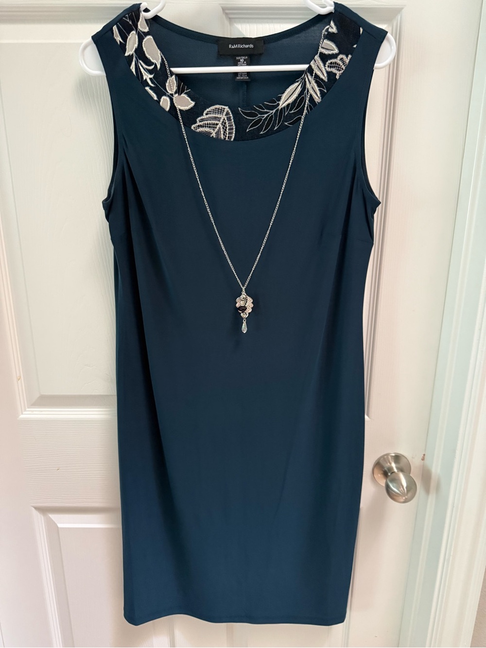 R&M Richards Teal Midi Dress with Embroidered Neckline